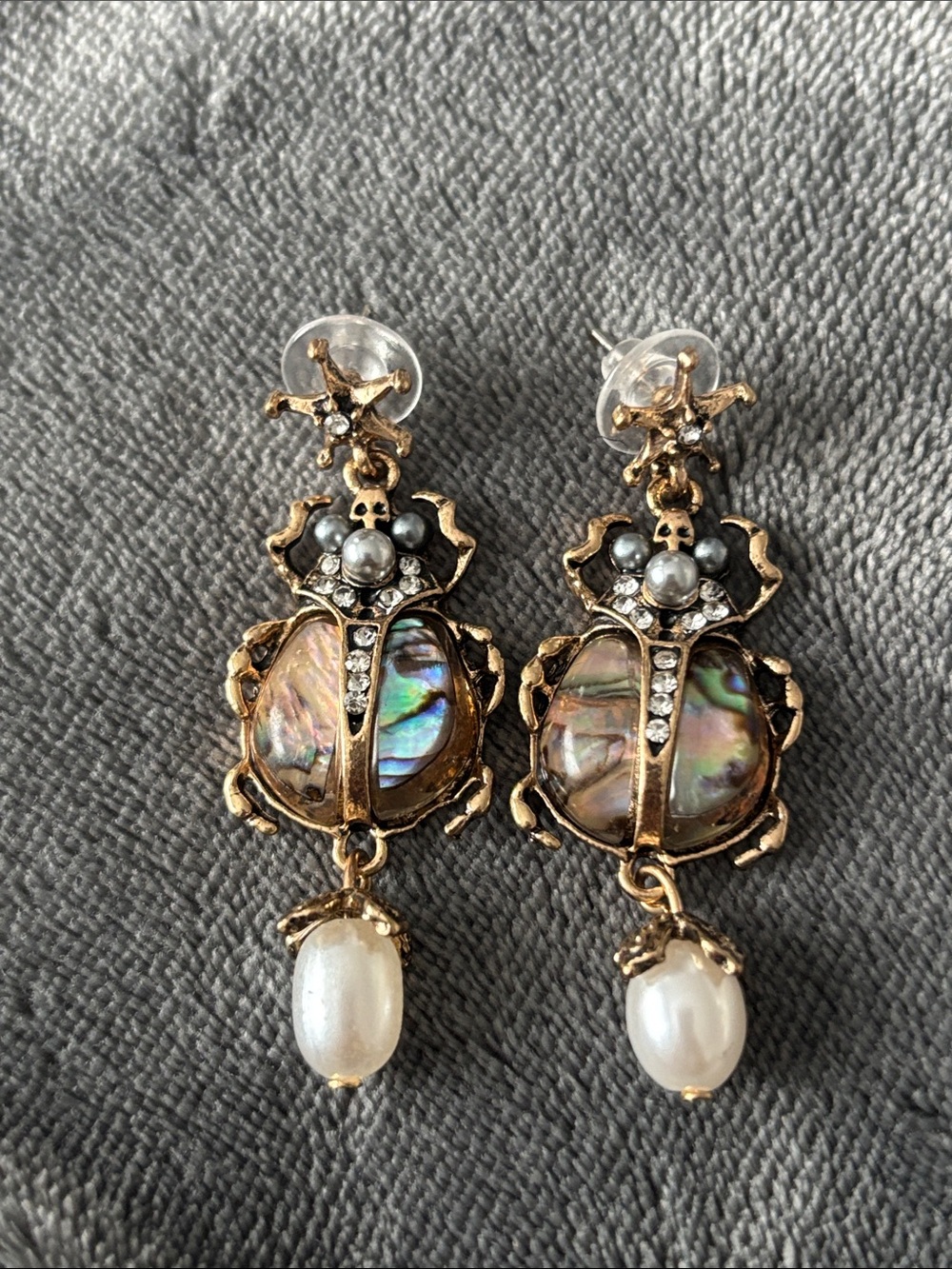 Scarab beetle abalone and pearl earrings